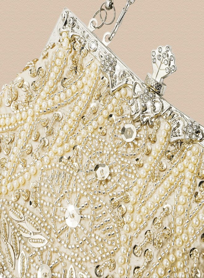 WRINGKIT 1920s Vintage Evening Bag, Champagne Beaded Clutch Purse for Woman, Elegant Rhinestone Clutch Crossbody Bag with Sequin Pearl, Evening Handbag Shoulder for Formal Bridal Wedding Party Prom - Image 4